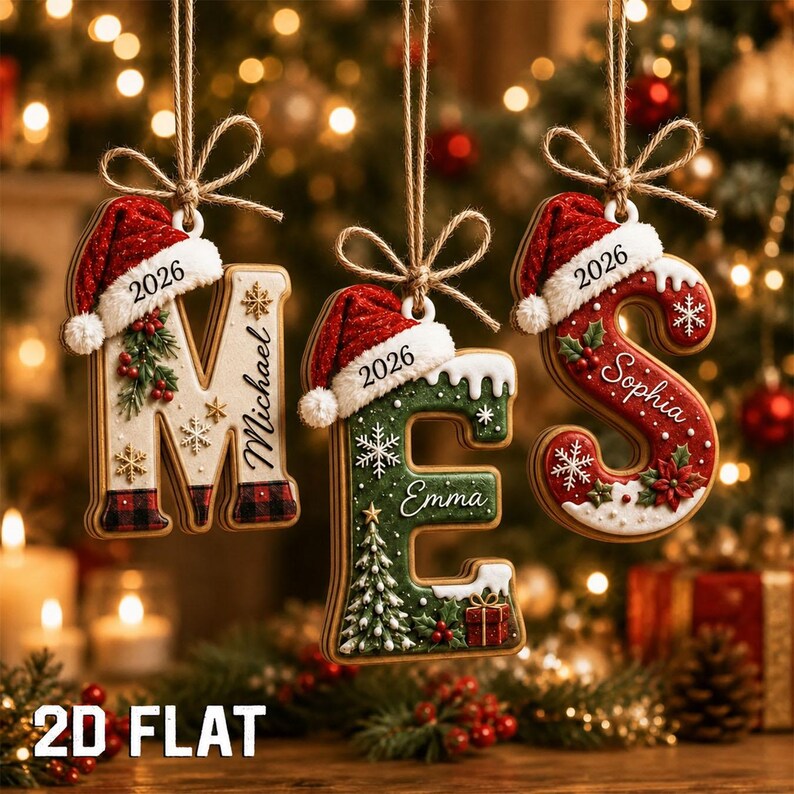 Personalized 2D Flat Initial Christmas Ornament, Custom Name Wooden Letter Ornament, Family Christmas Keepsake