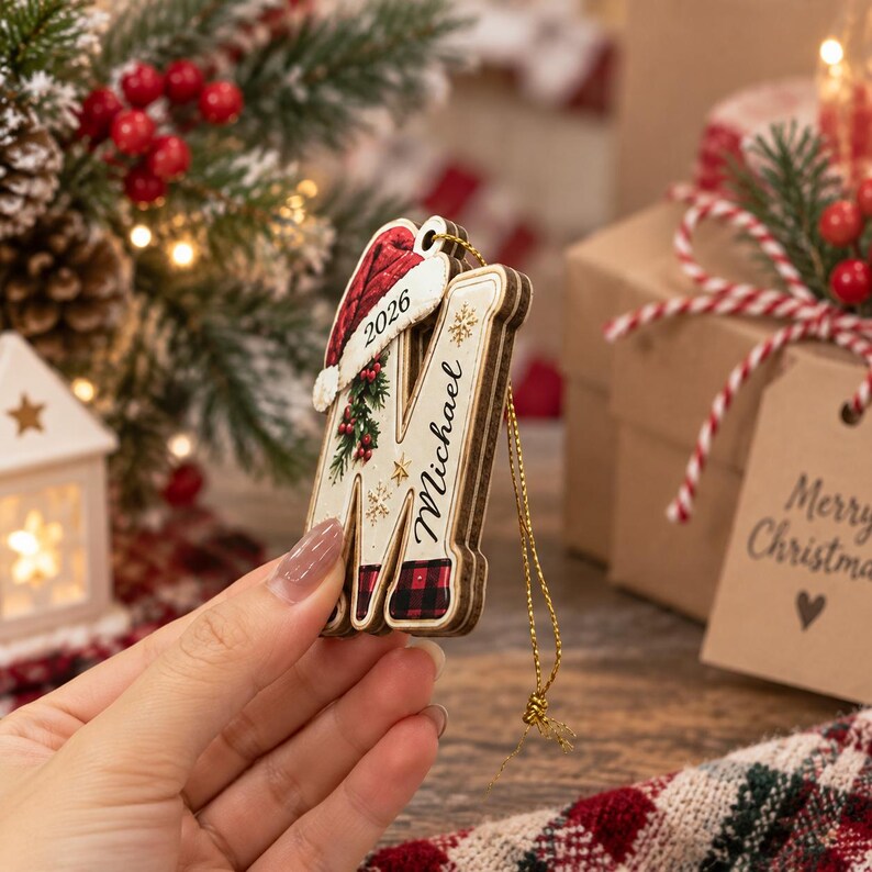 Personalized 2D Flat Initial Christmas Ornament, Custom Name Wooden Letter Ornament, Family Christmas Keepsake