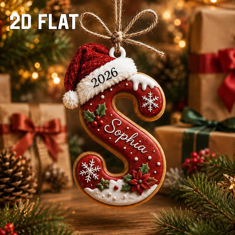 Personalized 2D Flat Initial Christmas Ornament, Custom Name Wooden Letter Ornament, Family Christmas Keepsake