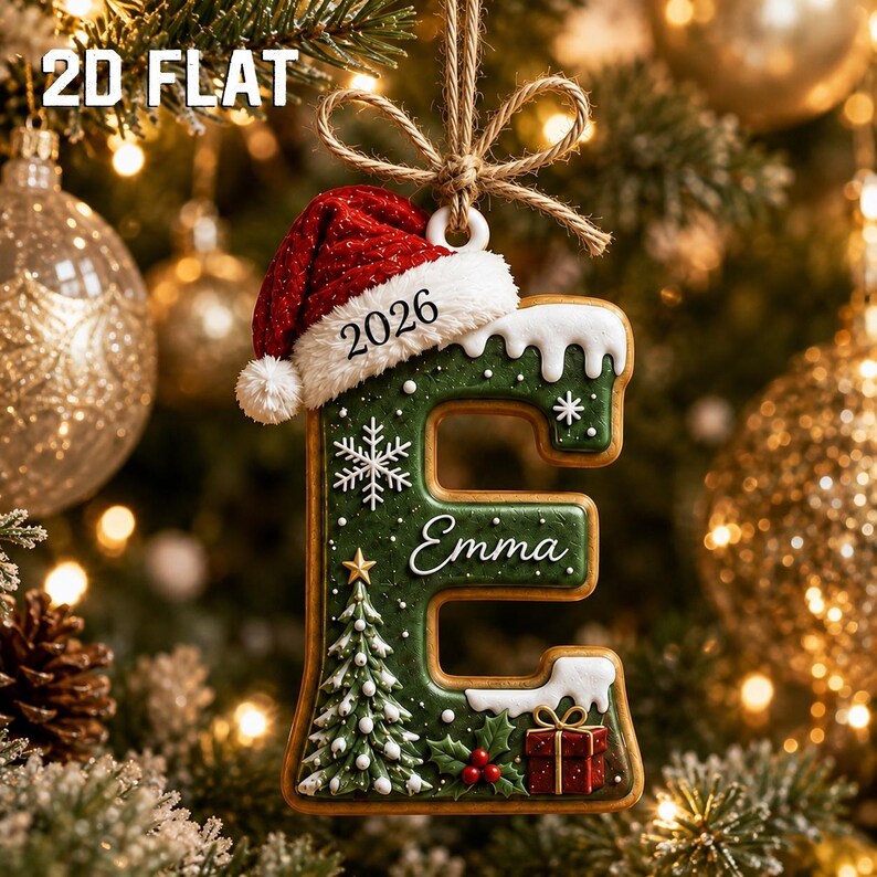 Personalized 2D Flat Initial Christmas Ornament, Custom Name Wooden Letter Ornament, Family Christmas Keepsake