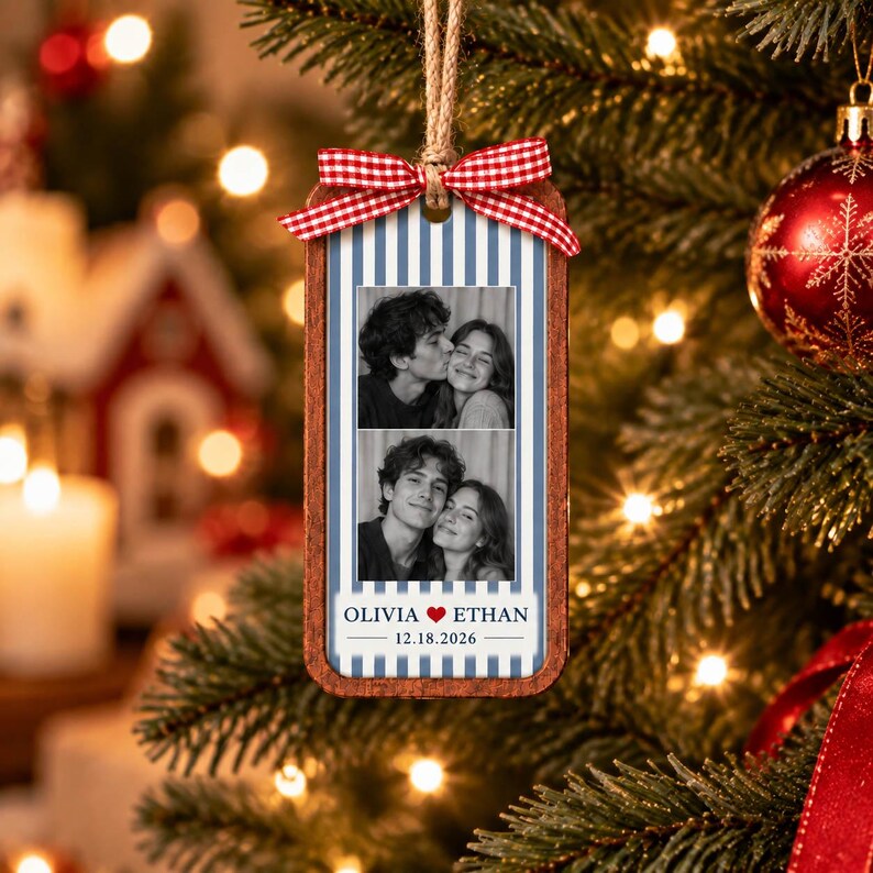Personalized Couple Christmas Ornament, Custom Photo Wooden Ornament With Names And Date, First Christmas Together Gift