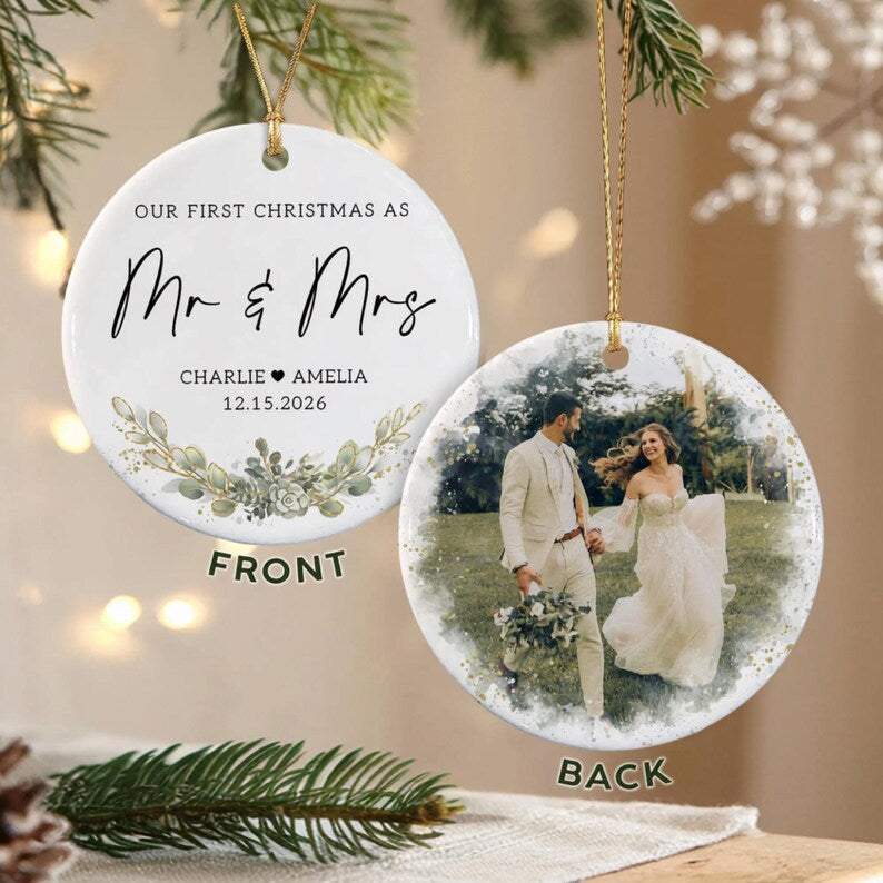 First Christmas Married Ornament, Mr & Mrs Name With Wedding Photo Keepsake, Anniversary Gift