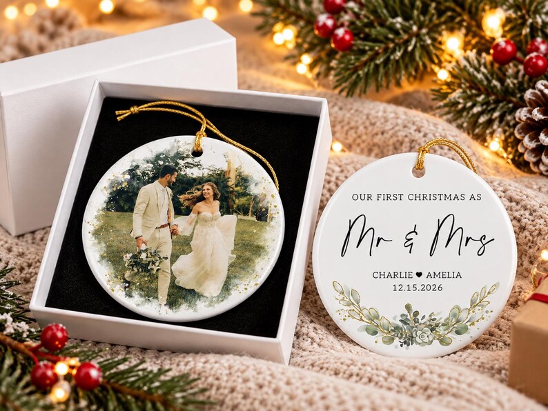 First Christmas Married Ornament, Mr & Mrs Name With Wedding Photo Keepsake, Anniversary Gift