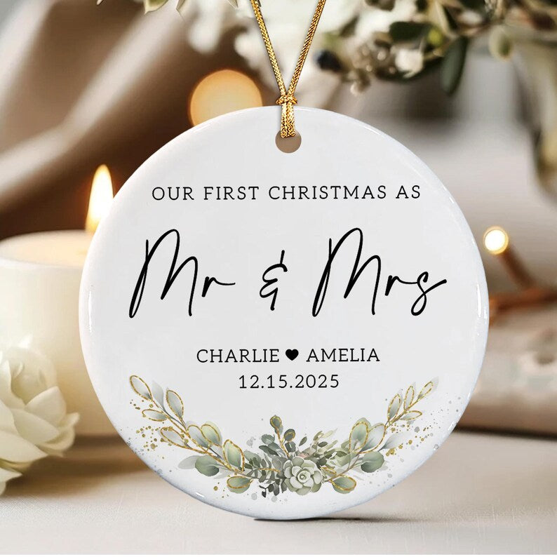First Christmas Married Ornament, Mr & Mrs Name With Wedding Photo Keepsake, Anniversary Gift