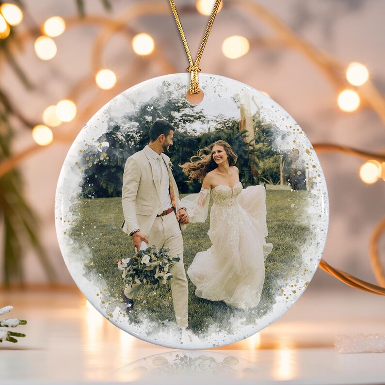 First Christmas Married Ornament, Mr & Mrs Name With Wedding Photo Keepsake, Anniversary Gift