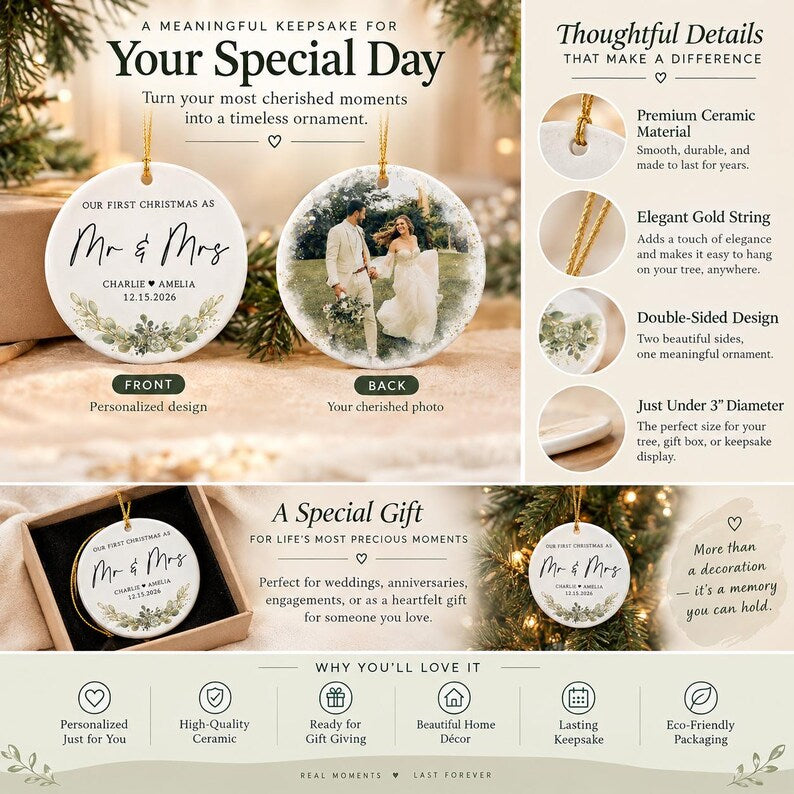 First Christmas Married Ornament, Mr & Mrs Name With Wedding Photo Keepsake, Anniversary Gift