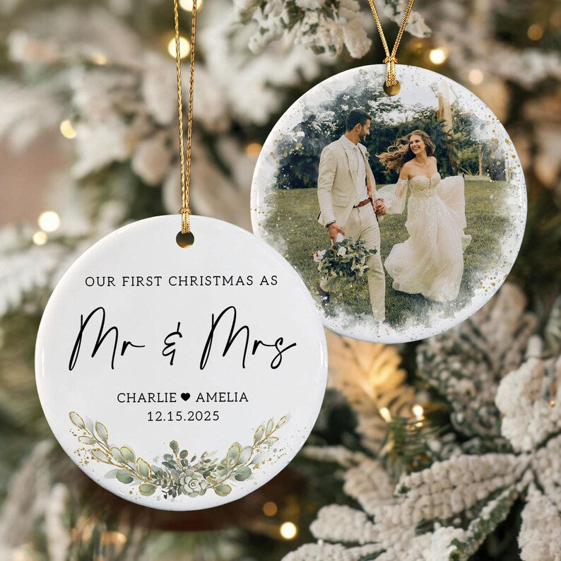 First Christmas Married Ornament, Mr & Mrs Name With Wedding Photo Keepsake, Anniversary Gift