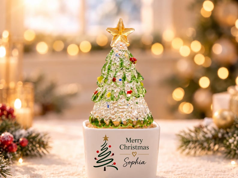Personalized Christmas Tree Planter, Custom Glass Tree Decor, Handmade Holiday Keepsake,Christmas Gift