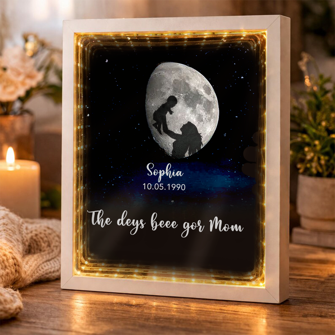 Custom Moon Phase & Mother‑Child Silhouette Mirror Light Box - Mother's Day