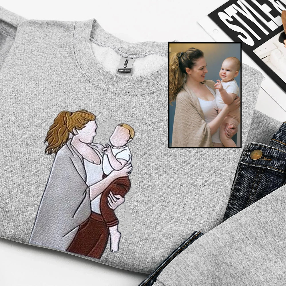 Custom Mama,Mom Portrait Embroidered T-shirt Sweatshirt