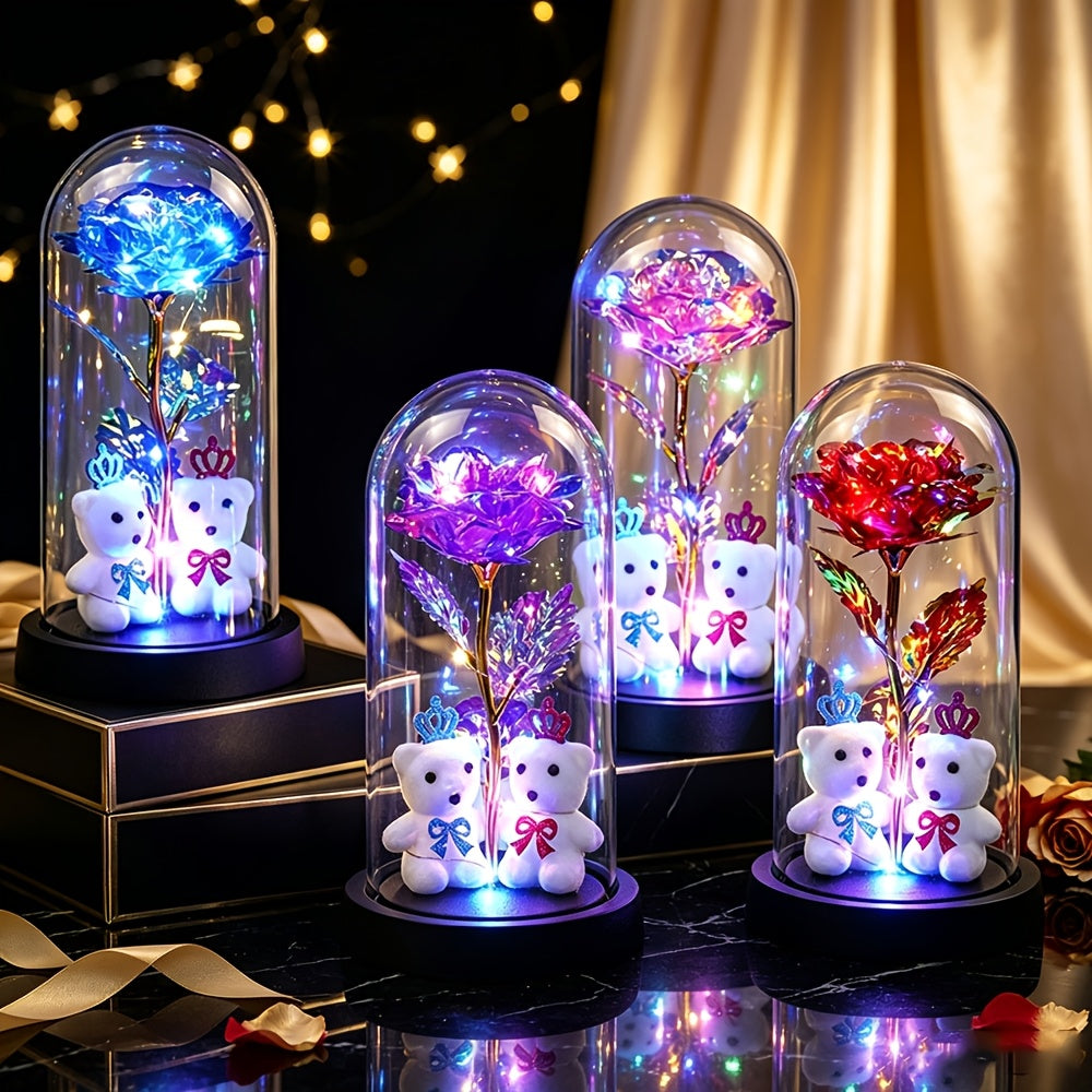 LED Eternal Rose with Bears, Halloween And Christmas Decor, Perfect Birthday Valentine Gift for Women, Light-Up Rose in Dome Ornament