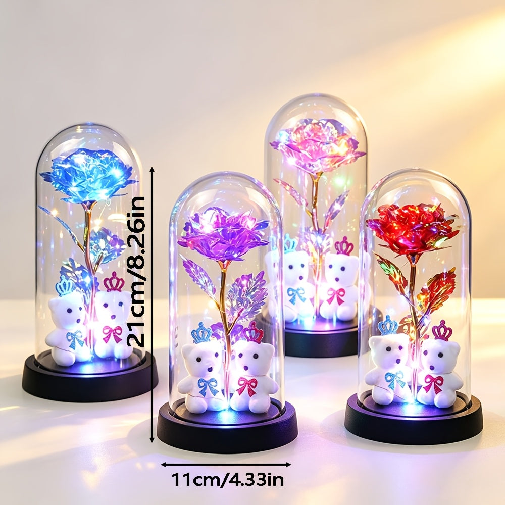 LED Eternal Rose with Bears, Halloween And Christmas Decor, Perfect Birthday Valentine Gift for Women, Light-Up Rose in Dome Ornament
