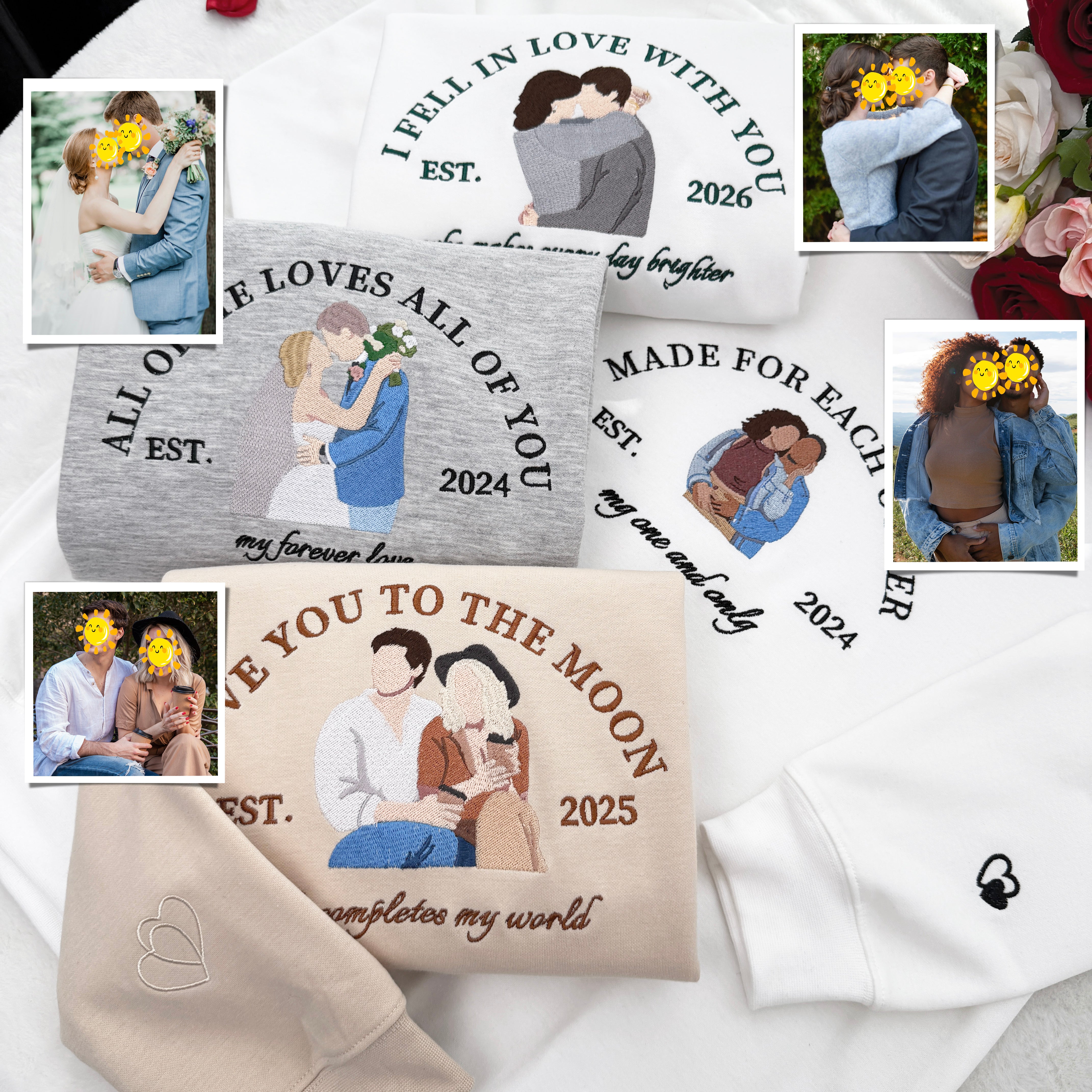 Custom Embroidered Couple Hoodie, Personalized Portrait With Your Text & Date