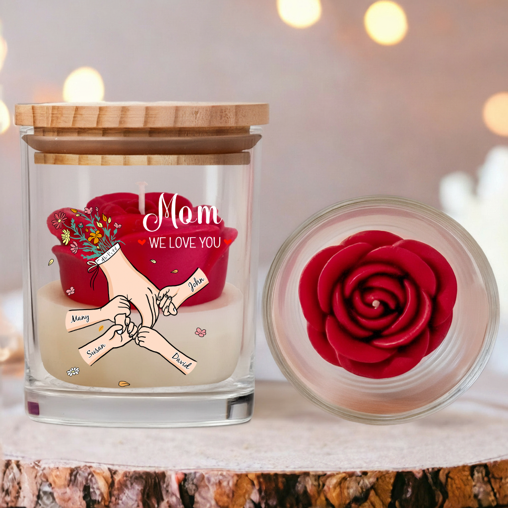 Personalized Floral Soy Wax Candle – Family Hands Design Gift for Mom, Mother’s Day Special