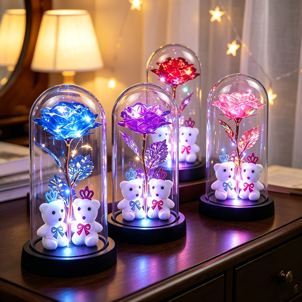 LED Eternal Rose with Bears, Halloween And Christmas Decor, Perfect Birthday Valentine Gift for Women, Light-Up Rose in Dome Ornament
