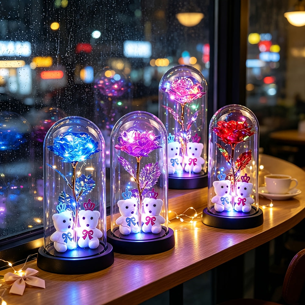 LED Eternal Rose with Bears, Halloween And Christmas Decor, Perfect Birthday Valentine Gift for Women, Light-Up Rose in Dome Ornament