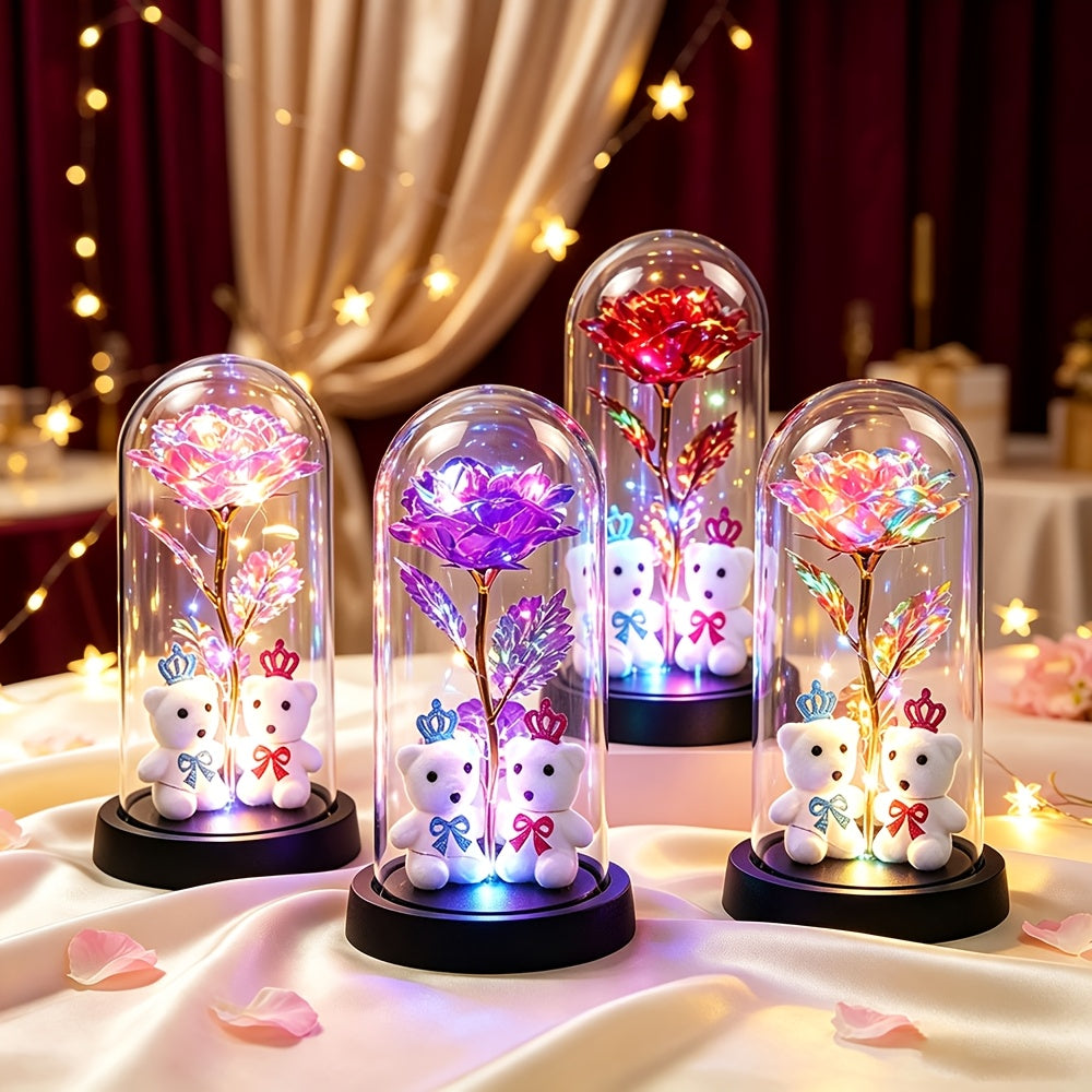 LED Eternal Rose with Bears, Halloween And Christmas Decor, Perfect Birthday Valentine Gift for Women, Light-Up Rose in Dome Ornament