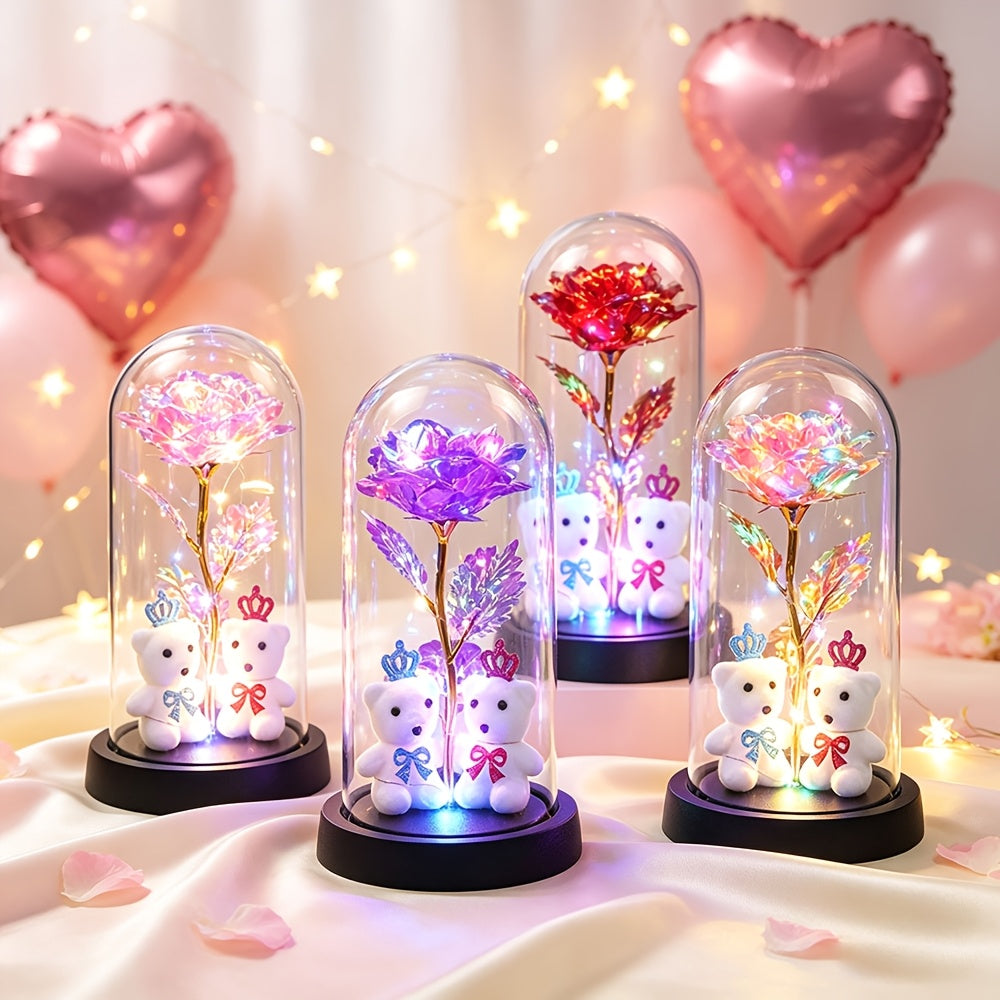 LED Eternal Rose with Bears, Halloween And Christmas Decor, Perfect Birthday Valentine Gift for Women, Light-Up Rose in Dome Ornament