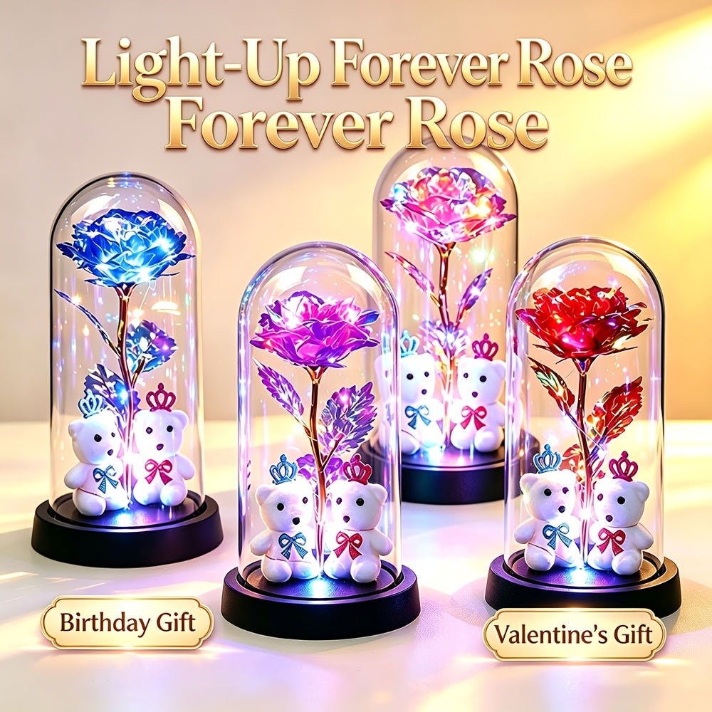 LED Eternal Rose with Bears, Halloween And Christmas Decor, Perfect Birthday Valentine Gift for Women, Light-Up Rose in Dome Ornament