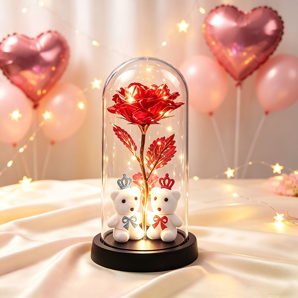 LED Eternal Rose with Bears, Halloween And Christmas Decor, Perfect Birthday Valentine Gift for Women, Light-Up Rose in Dome Ornament