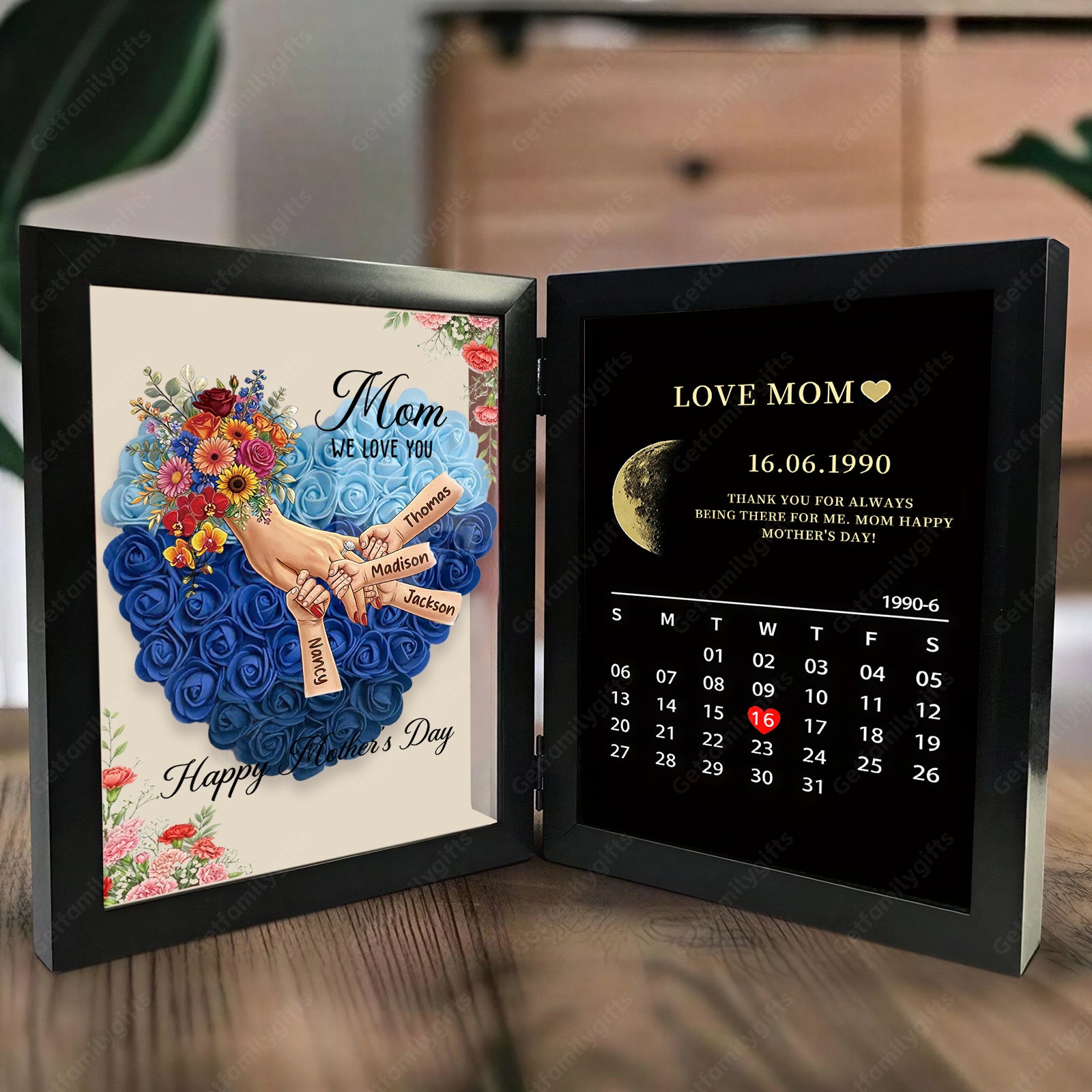 Personalized Mom Holding Hands Folding Flower Shadow Box with Moon Phase Calendar-Mother's Day Gift