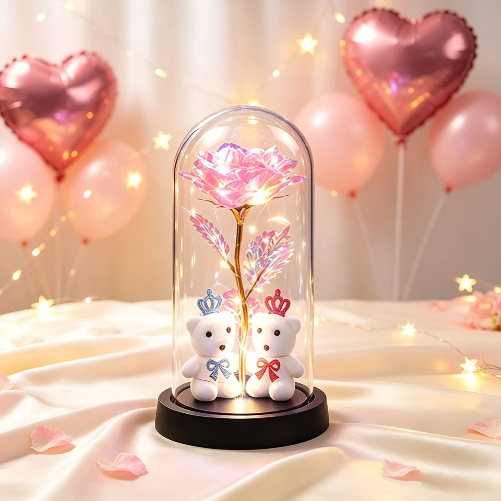 LED Eternal Rose with Bears, Halloween And Christmas Decor, Perfect Birthday Valentine Gift for Women, Light-Up Rose in Dome Ornament