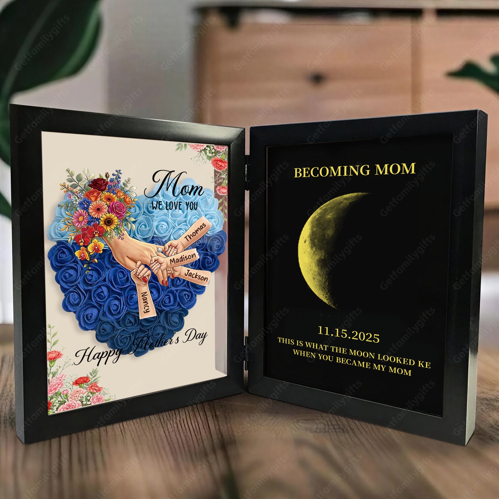 Personalized Mom Holding Hands Folding Flower Shadow Box with Moon Phase -Mother's Day Gift