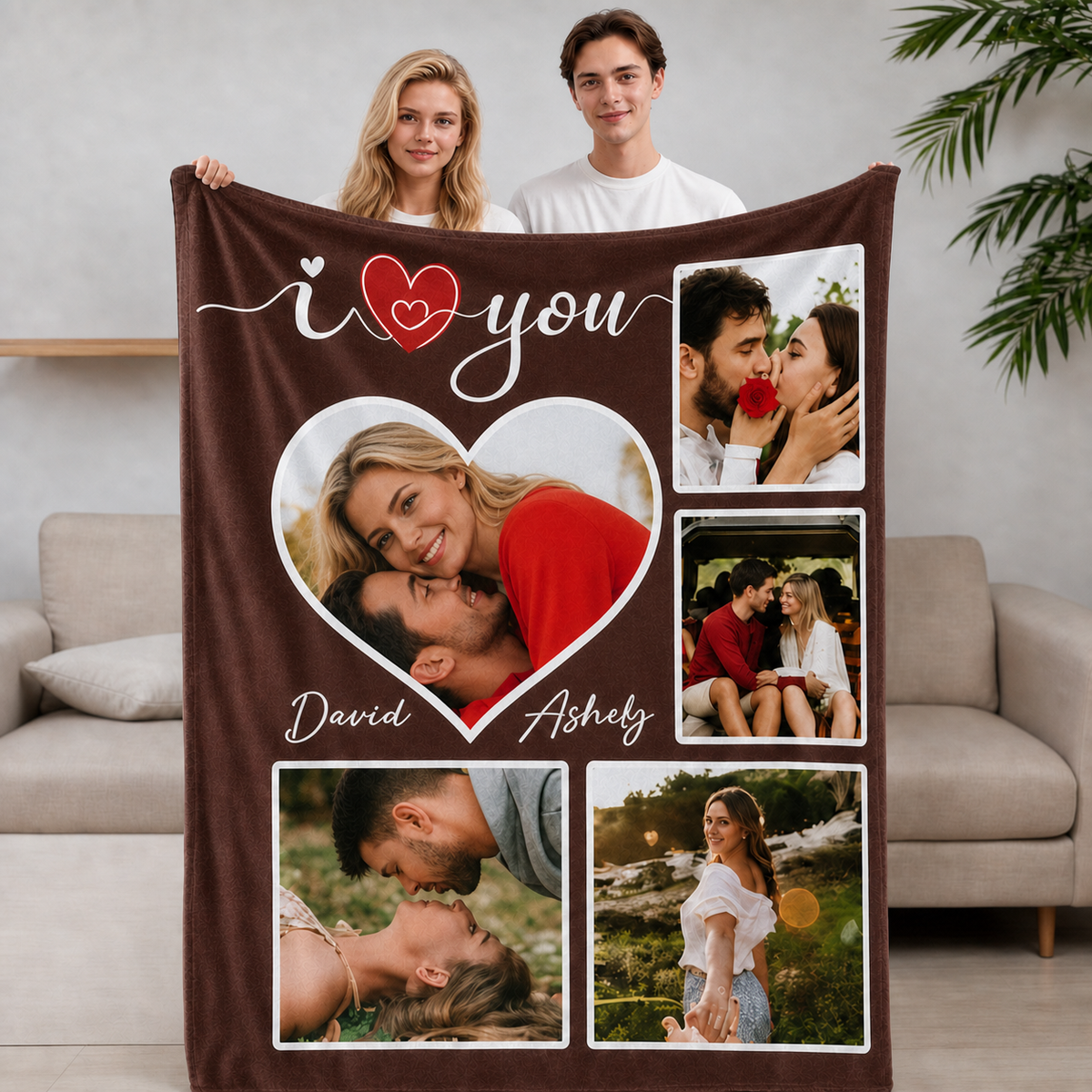 Custom 5-Picture Couple Photo Blanket, Personalized Heart Collage Throw Blanket