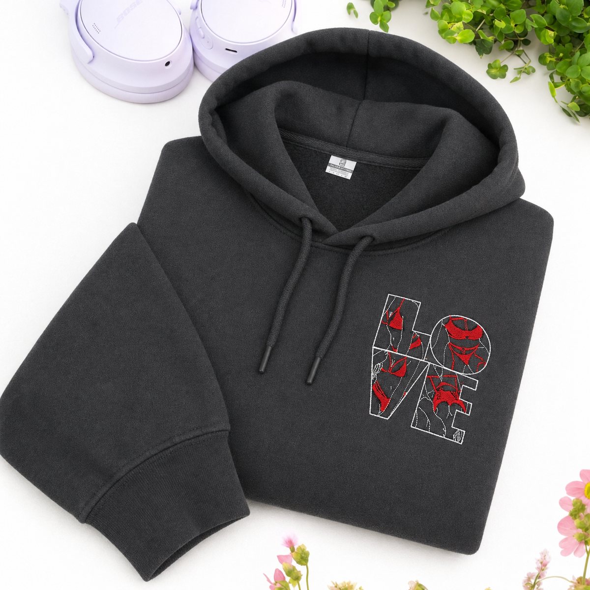 Custom Spicy Boudoir Hoodie — LOVE Letters Embroidered with Couples Photos, Personalized Anniversary Sweatshirt