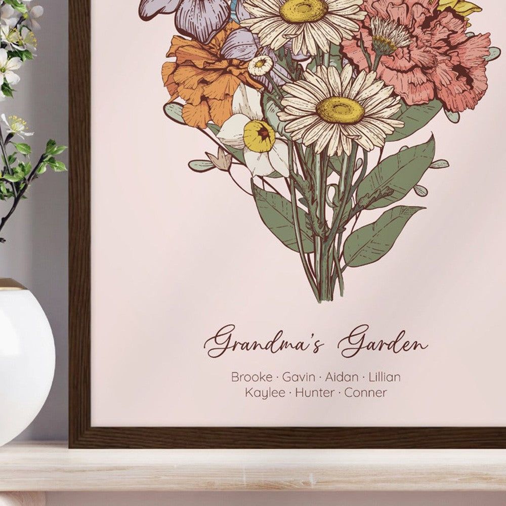 Grandma's Garden Birth Flower Bouquet Custom Art Print For Mother's Day Gift