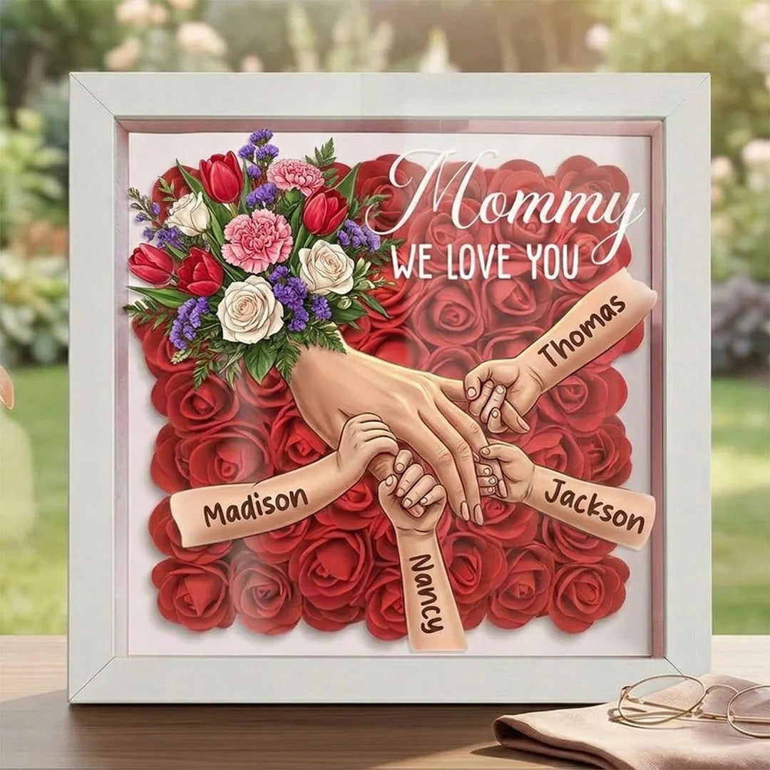 Tulips, White Roses & Carnations Personalized Mom Holding Hands Shadow Box – Custom Name Remembrance Frame, Mother’s Day In Loving Memory Gift