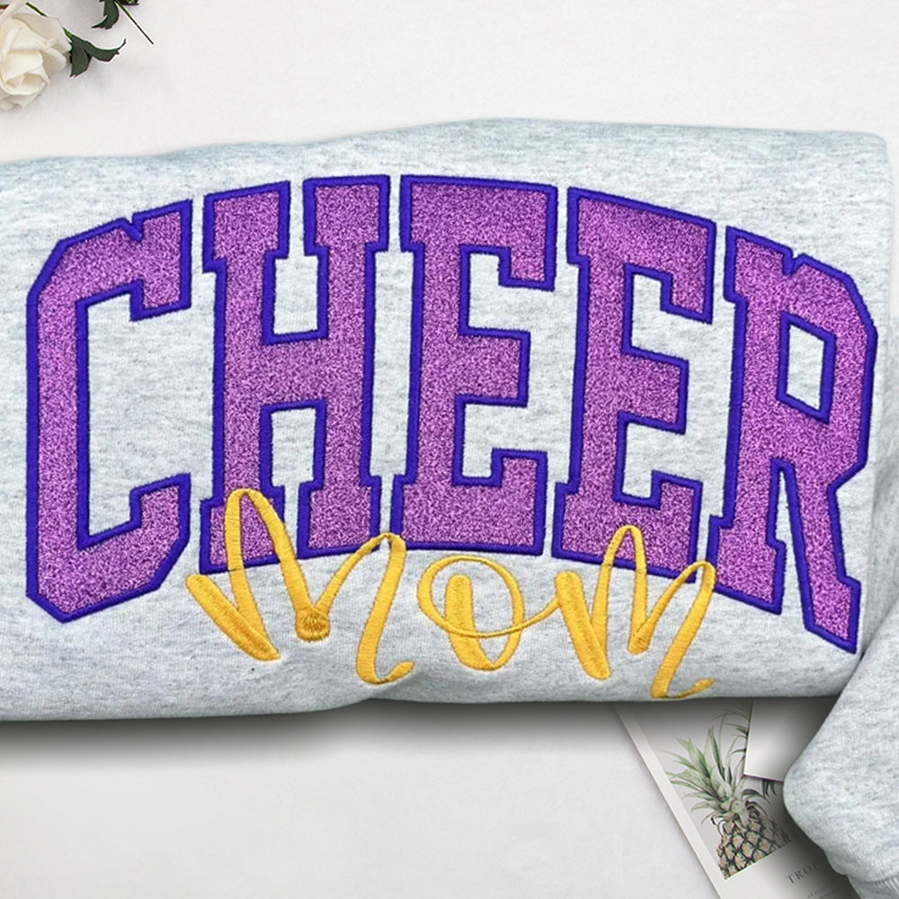 Embroidered Glitter Cheer Mom Sweatshirt With Kids Names On The Sleeve