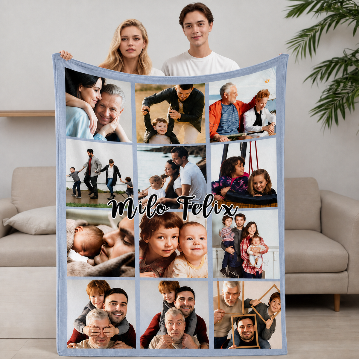 Custom 12 Photo Collage Blanket with Personalized Name, Family Memory Fleece Throw Blanket