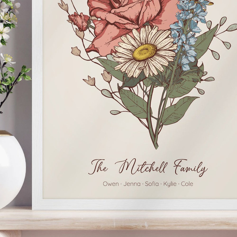 Grandma's Garden Birth Flower Bouquet Custom Art Print For Mother's Day Gift