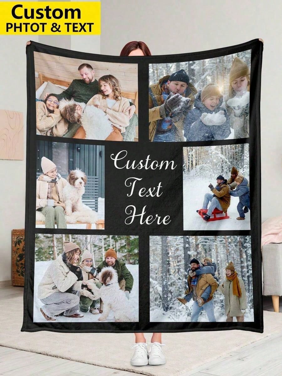 Custom Photo And Text Couple Collage Flannel Throw Blanket-Birthday Anniversary Wedding Holiday Gift