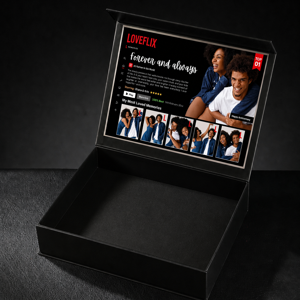 Custom LOVEFLIX Keepsake Box With Glitter Roses – Personalized Loveflix‑Style Couple Gifts