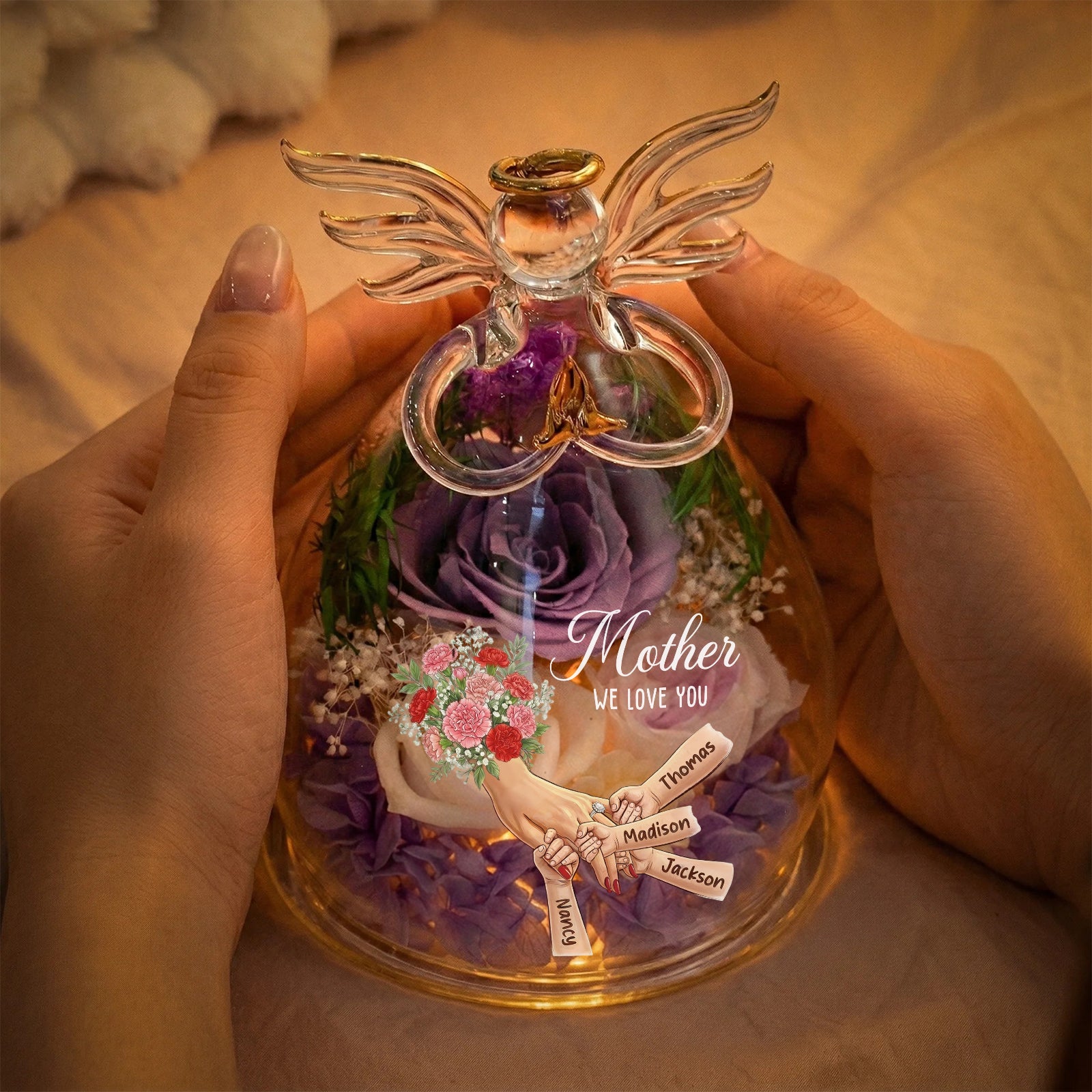 Mommy Holding Hands Personalized Flower In Angel Figurines with Ring & Manicure-Mother's Day Gift
