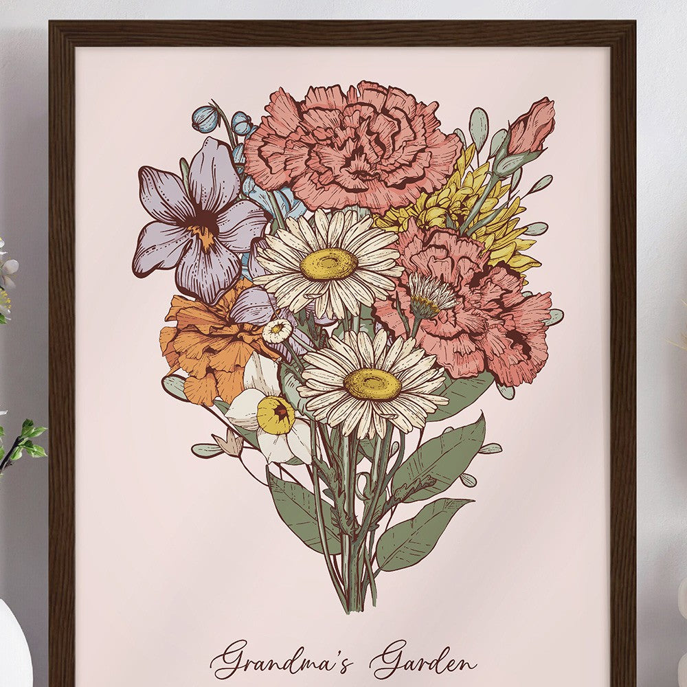 Grandma's Garden Birth Flower Bouquet Custom Art Print For Mother's Day Gift