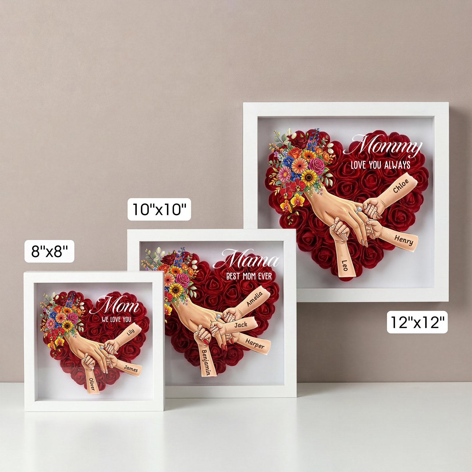 Mommy Holding Hands LED Shadow Box With Ring & Manicure – Custom Kids Names Floral Heart Frame Light Gift for Mom & Grandma | Mother’s Day Gift
