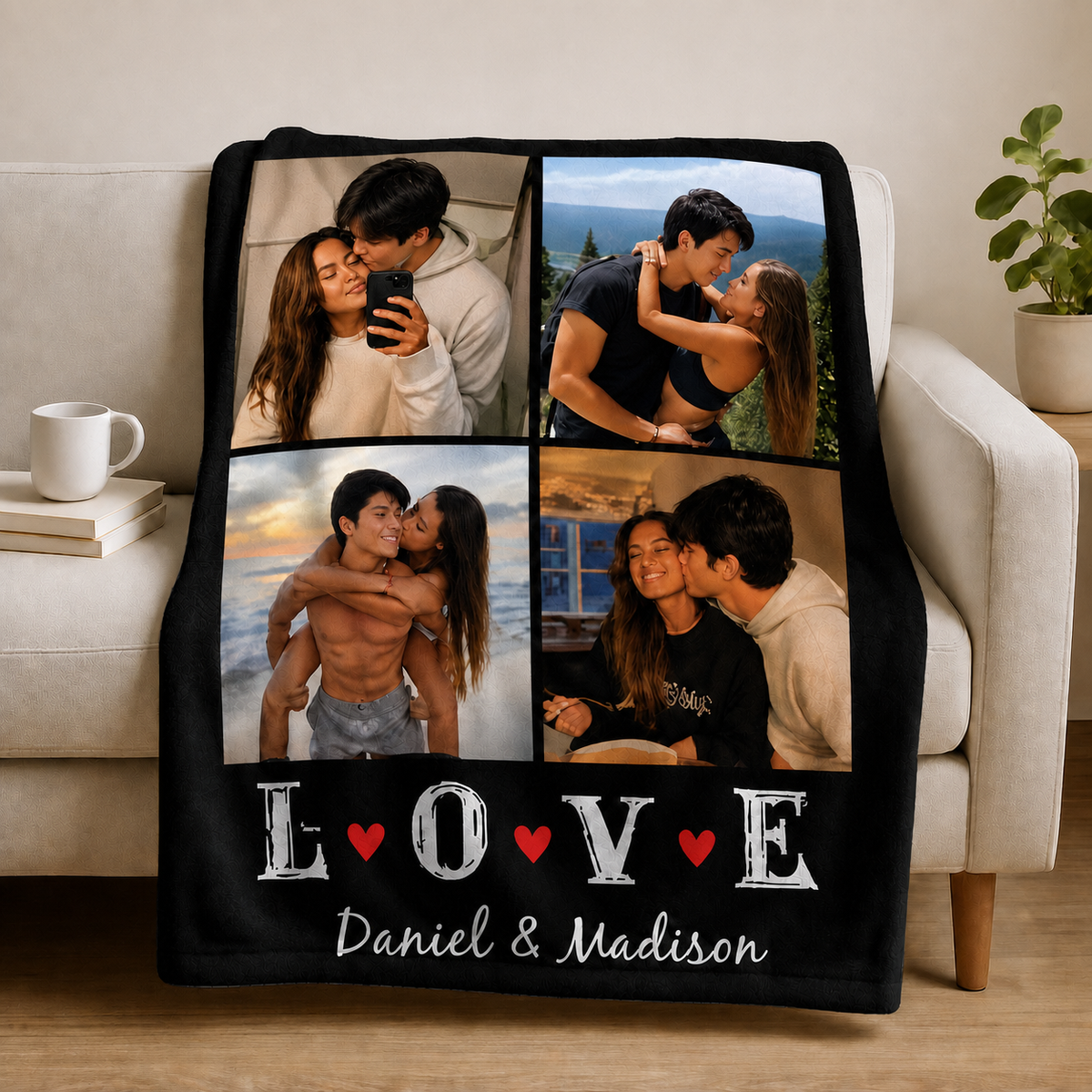 Personalized 4 Photo Collage Throw Blanket, Custom Couple Blanket with LOVE Lettering & Names, Romantic Keepsake Gift