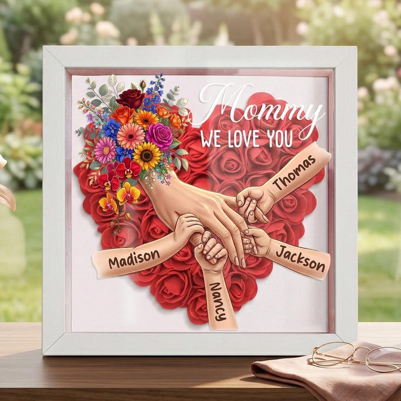 Custom Mommy Holding Hands Shadow Box – Custom Mixed Skin Tone Hands & Kids Names Floral Heart Frame Gift for Mom & Grandma | Mother’s Day Gift