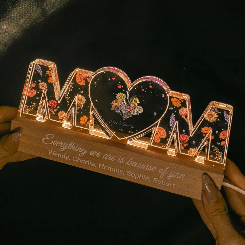 Customized Flower Print LED Night Light, Birthday Flowers, Gift For Mom