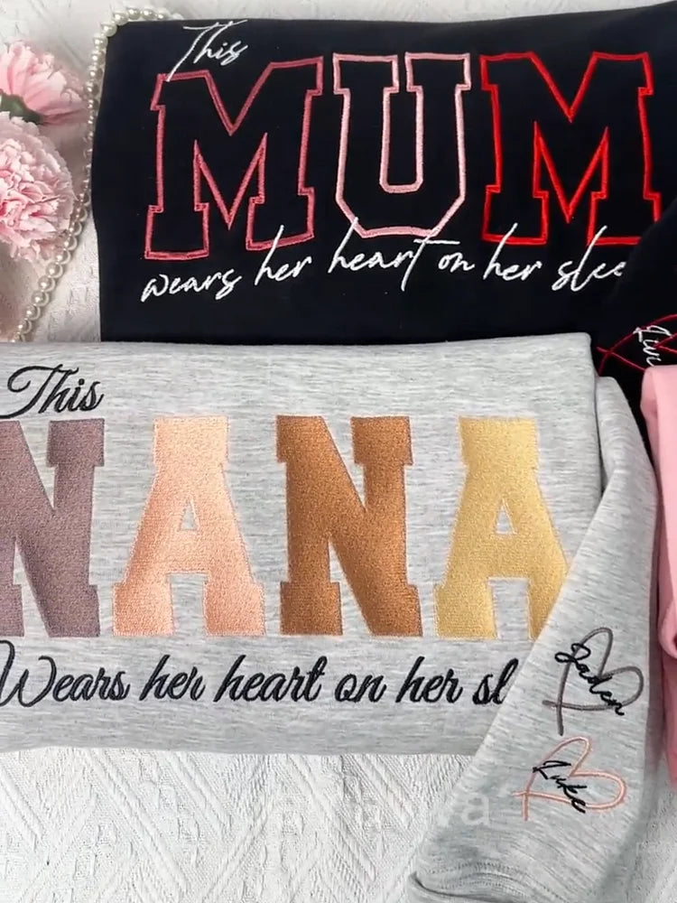 GETFAMILYGIFTS™Custom Embroidered Mum Wears Her Heart On Her Sleeve Sweatshirt | Mother’s Day Gift