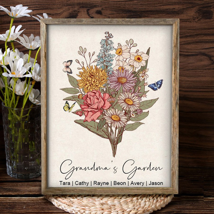 Custom Nana's Garden Birth Flower Bouquet Art Frame with Kids Names for Mom Grandma