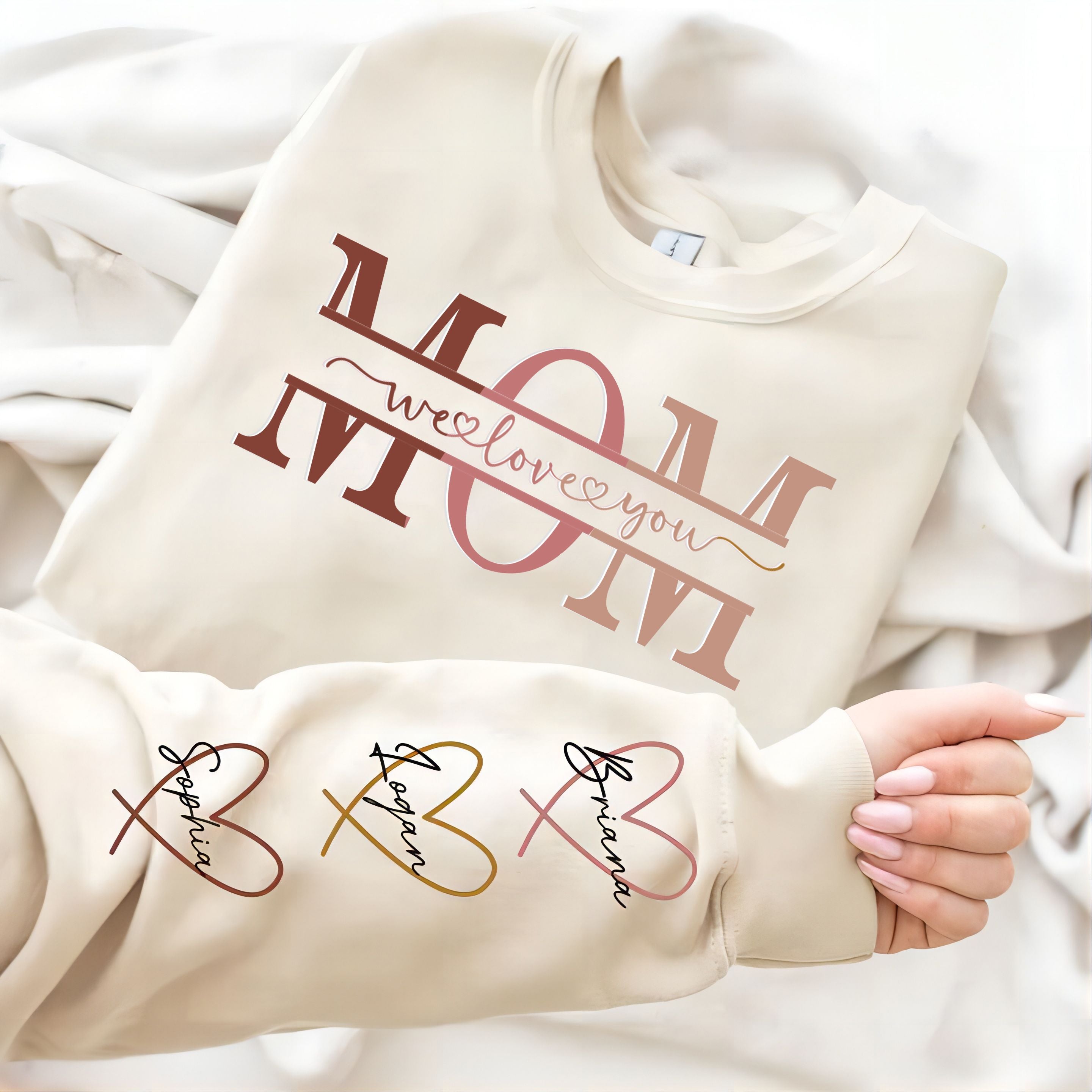 Personalized Wear Heart On Sleeve Mama we love you Sweatshirt with Kid Names on Sleeves-Mother's Day Sale