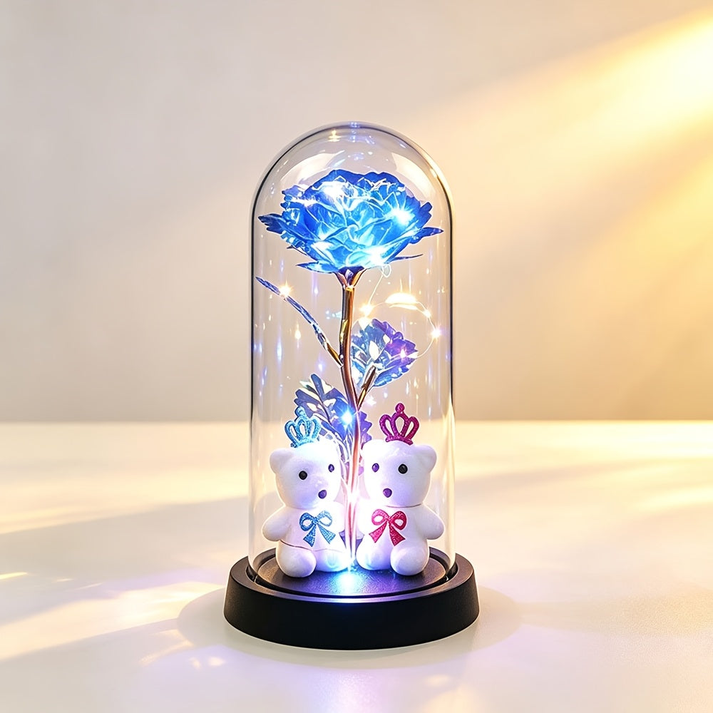 LED Eternal Rose with Bears, Halloween And Christmas Decor, Perfect Birthday Valentine Gift for Women, Light-Up Rose in Dome Ornament