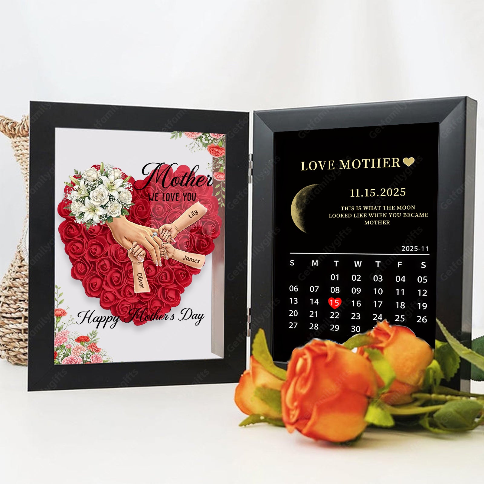 Personalized Mom Holding Hands Folding Flower Shadow Box with Moon Phase Calendar-Mother's Day Gift