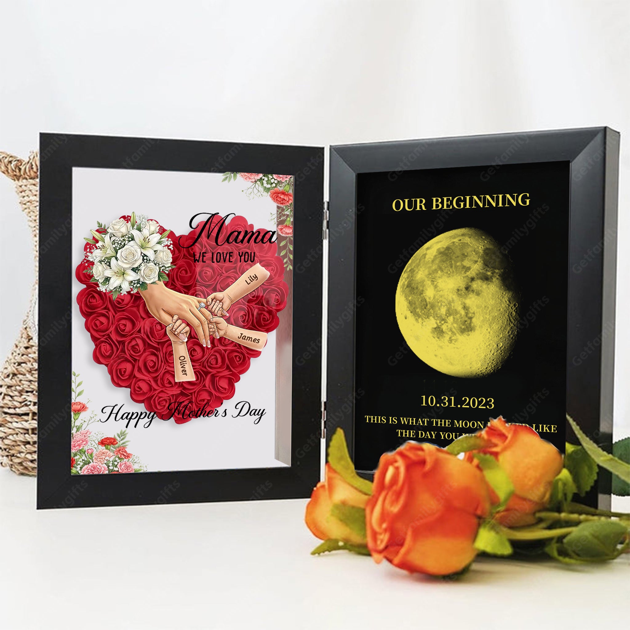 Personalized Mom Holding Hands Folding Flower Shadow Box with Moon Phase -Mother's Day Gift