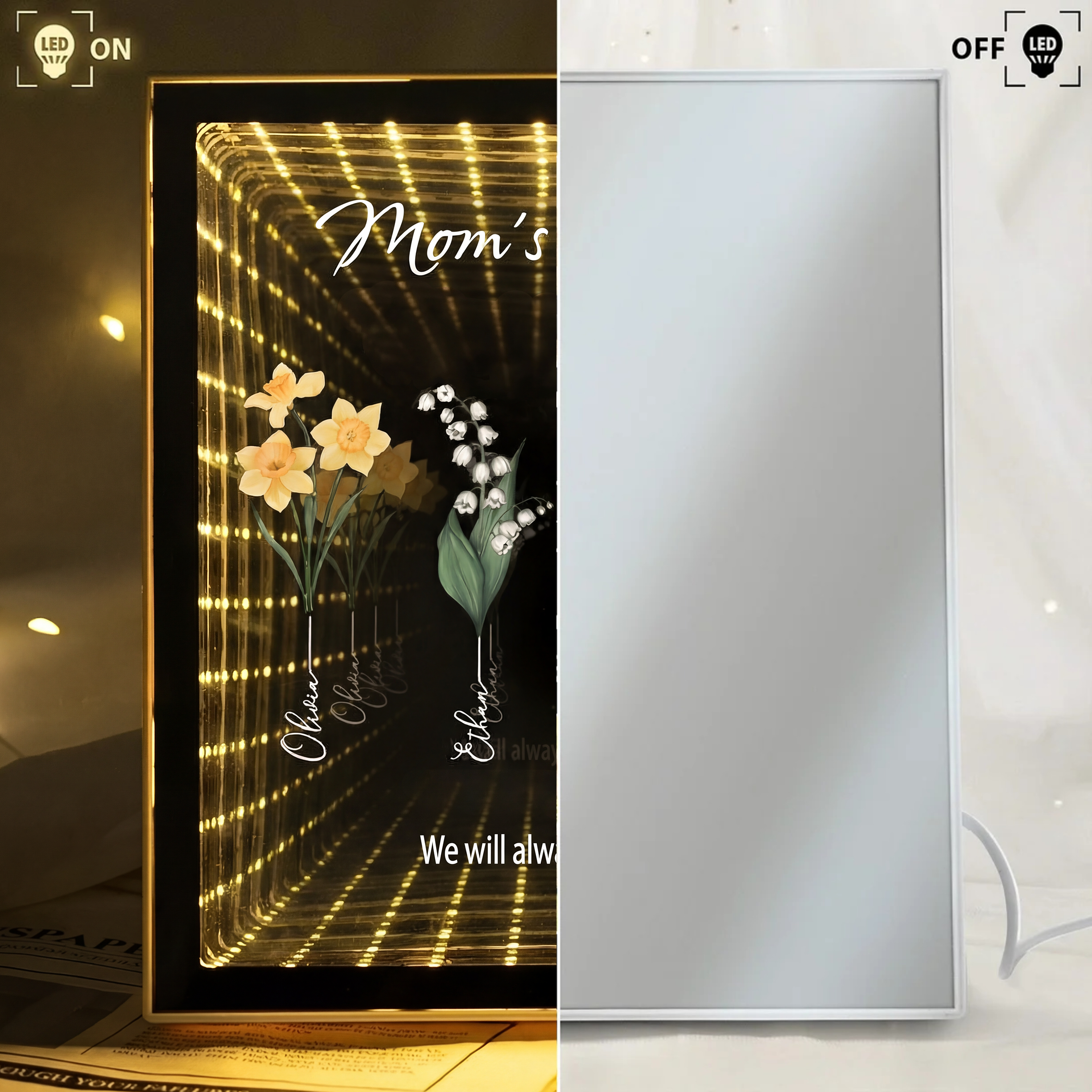 Mom’s Garden Infinity Mirror Light Box – Personalized Birth Flower LED Photo Frame Gift for Mom, Mother's Day Custom Kids Names Lamp