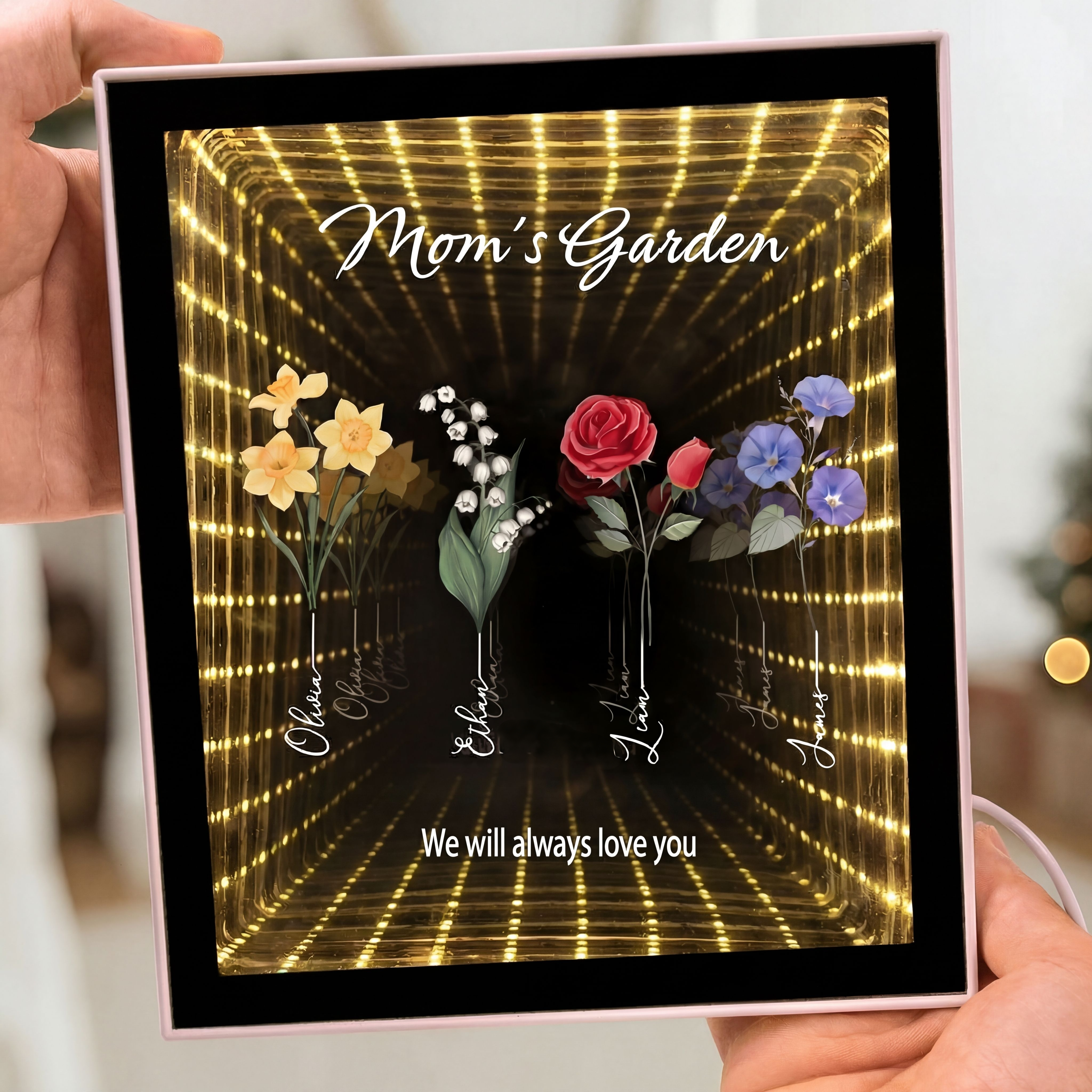 Mom’s Garden Infinity Mirror Light Box – Personalized Birth Flower LED Photo Frame Gift for Mom, Mother's Day Custom Kids Names Lamp